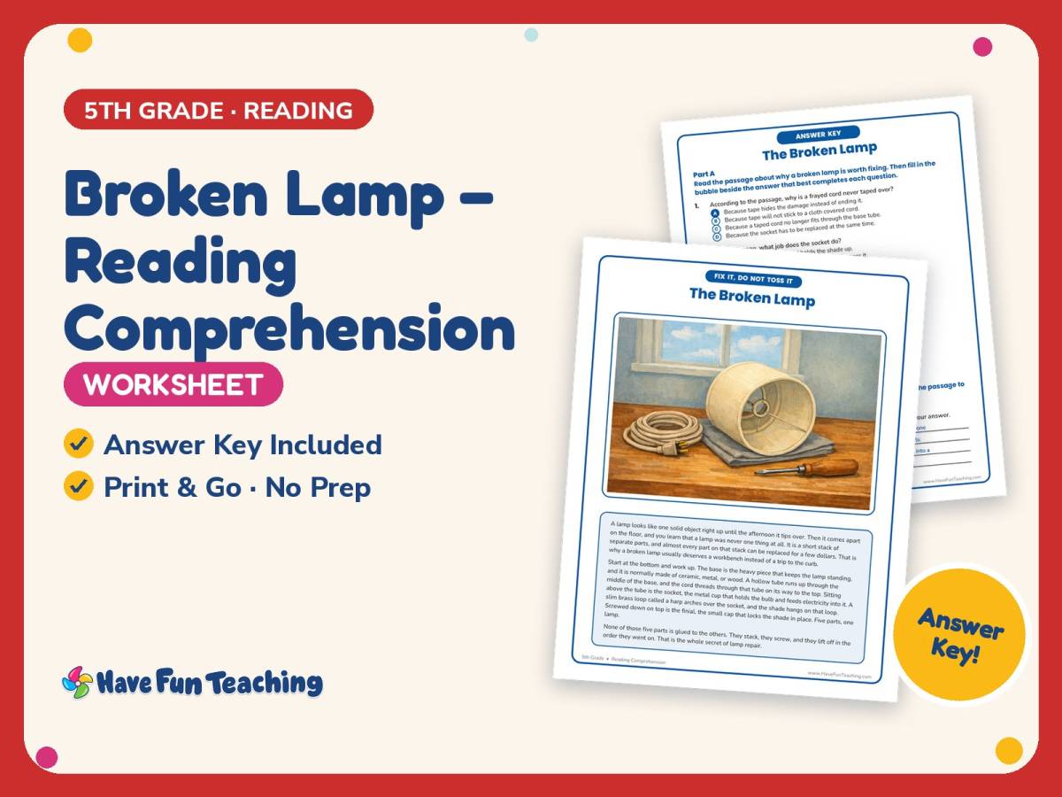 Broken Lamp – Reading Comprehension Worksheet – 5th Grade Practice preview