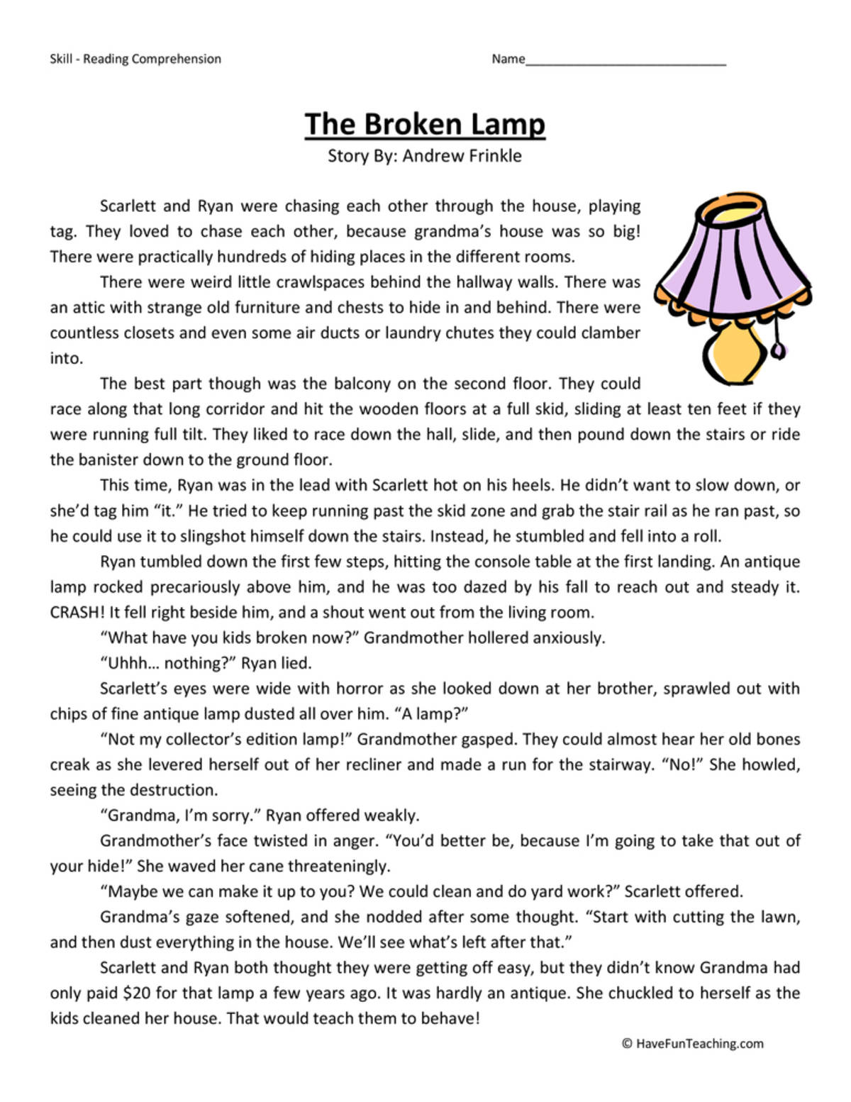 An educational teaching resource from Have Fun Teaching entitled Broken Lamp - Reading Comprehension Worksheet downloadable at Teach Simple.