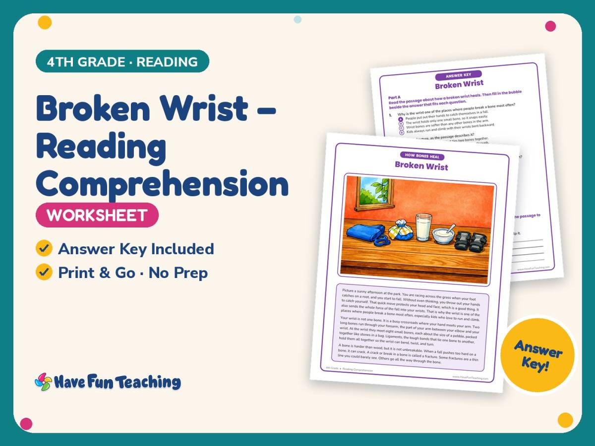 Broken Wrist – Reading Comprehension Worksheet – 4th Grade Practice preview