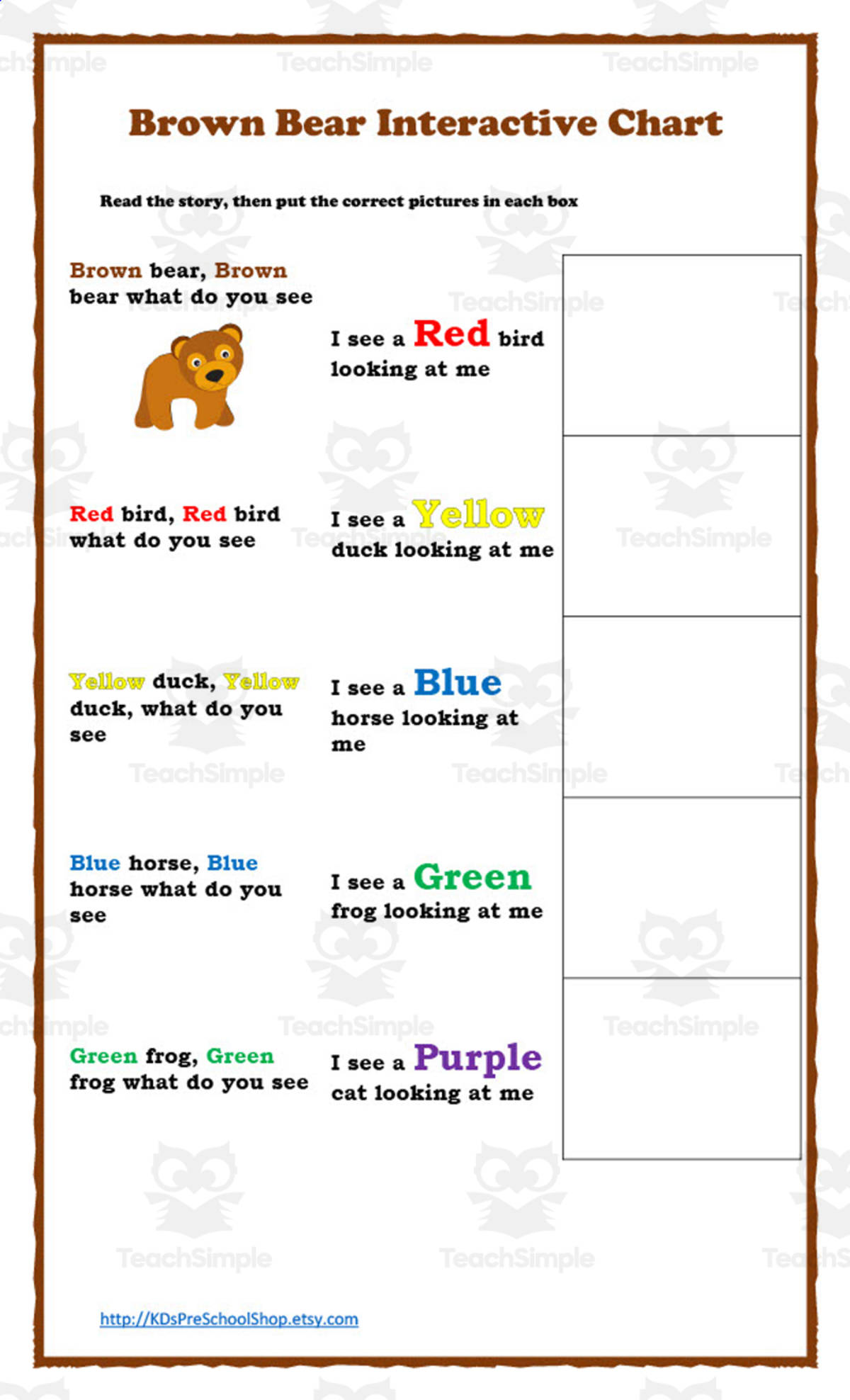 An educational teaching resource from KD's Kids School Shop entitled Brown Bear Interactive Chart | Book Companion downloadable at Teach Simple.
