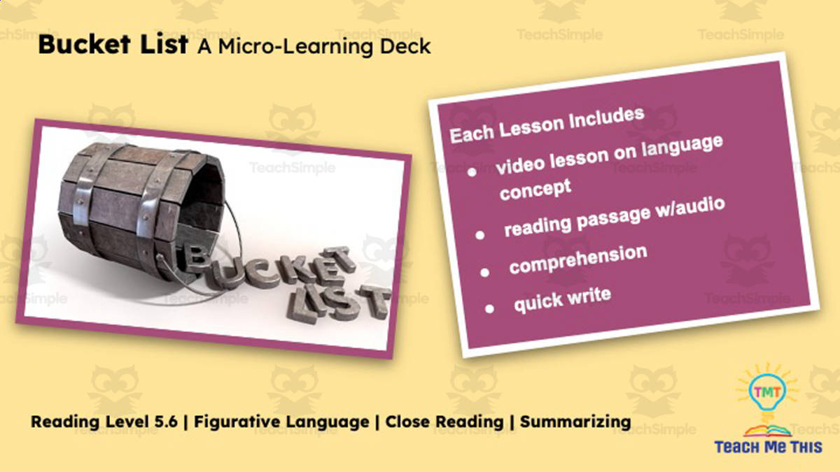 An educational teaching resource from Teach Me This entitled Bucket List | Figurative Language Activity | Micro-Learning Deck downloadable at Teach Simple.