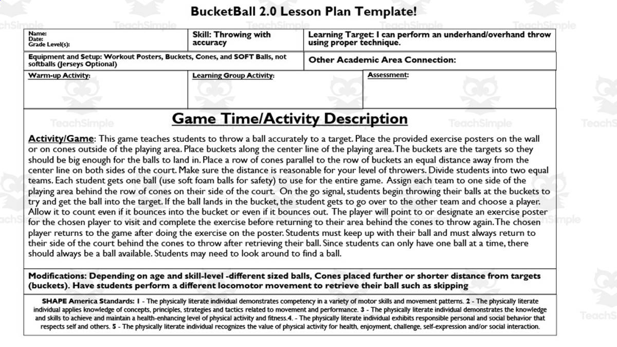An educational teaching resource from Gems from the Gym entitled BucketBall 2.0 PE Game downloadable at Teach Simple.
