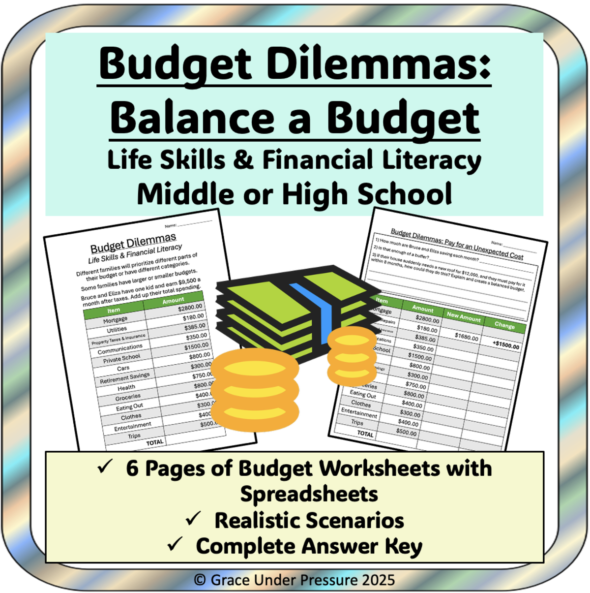 An educational teaching resource from Grace Under Pressure entitled Budget Dilemmas: Middle or High School Financial Literacy & Budgeting downloadable at Teach Simple.