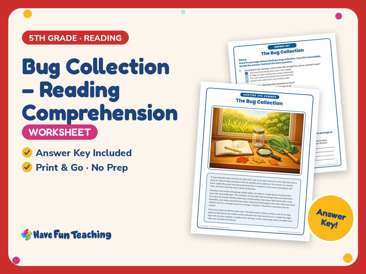 Bug Collection – Reading Comprehension Worksheet – 5th Grade Animals preview