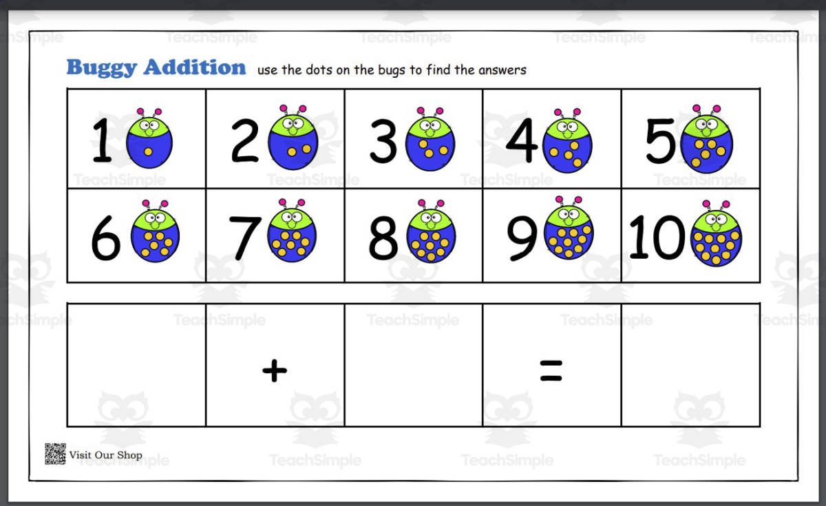 An educational teaching resource from KD's Kids School Shop entitled Buggy Addition for beginners PreSchool Kindergarten 1st Grade Homeschool Charts downloadable at Teach Simple.