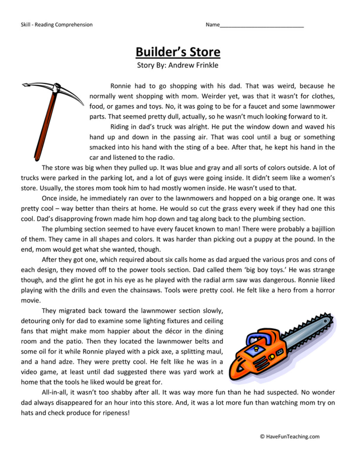 An educational teaching resource from Have Fun Teaching entitled Builder's Store Reading Comprehension Worksheet downloadable at Teach Simple.