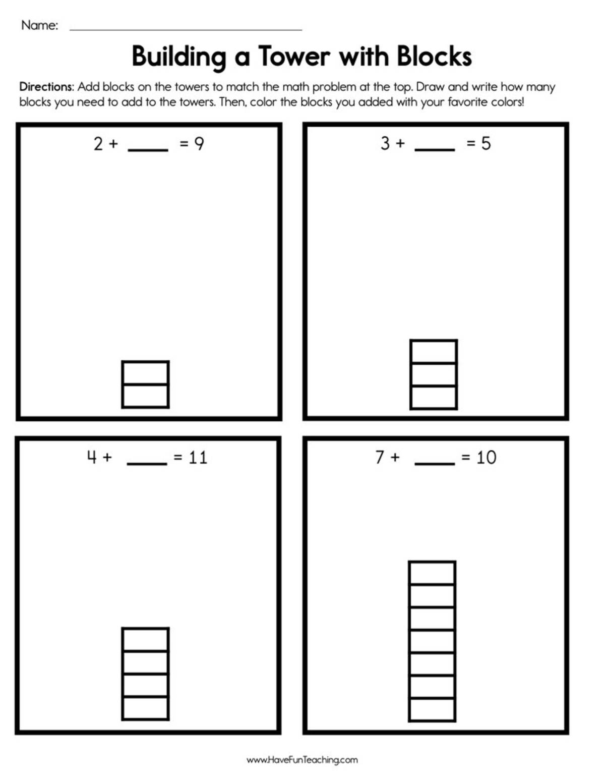 An educational teaching resource from Have Fun Teaching entitled Building a Tower with Blocks Worksheet downloadable at Teach Simple.