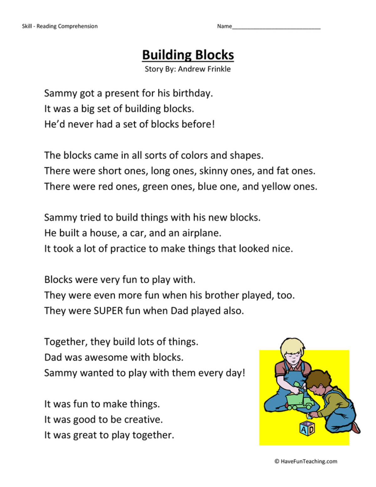 An educational teaching resource from Have Fun Teaching entitled Building Blocks - Reading Comprehension Worksheet downloadable at Teach Simple.