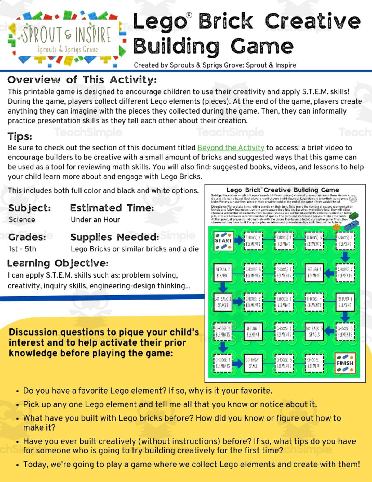 An educational teaching resource from Sprout & Inspire entitled Building Brick Creative Building Game (Lego Brick S.T.E.M. Game) downloadable at Teach Simple.