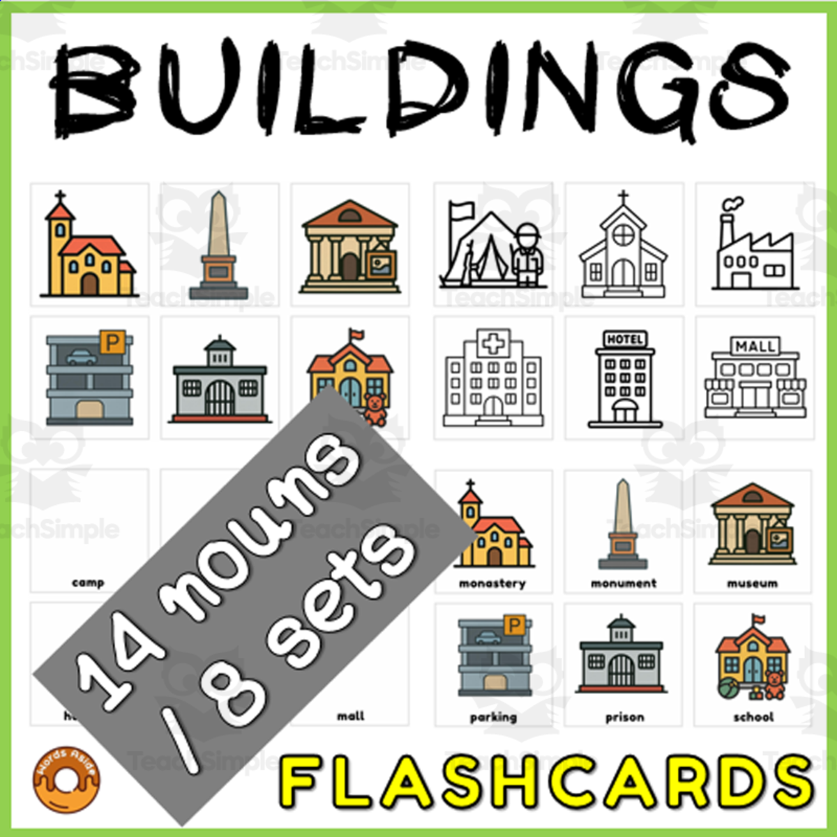 An educational teaching resource from WORDS ASIDE entitled Buildings Flash Cards Vocabulary Resource downloadable at Teach Simple.