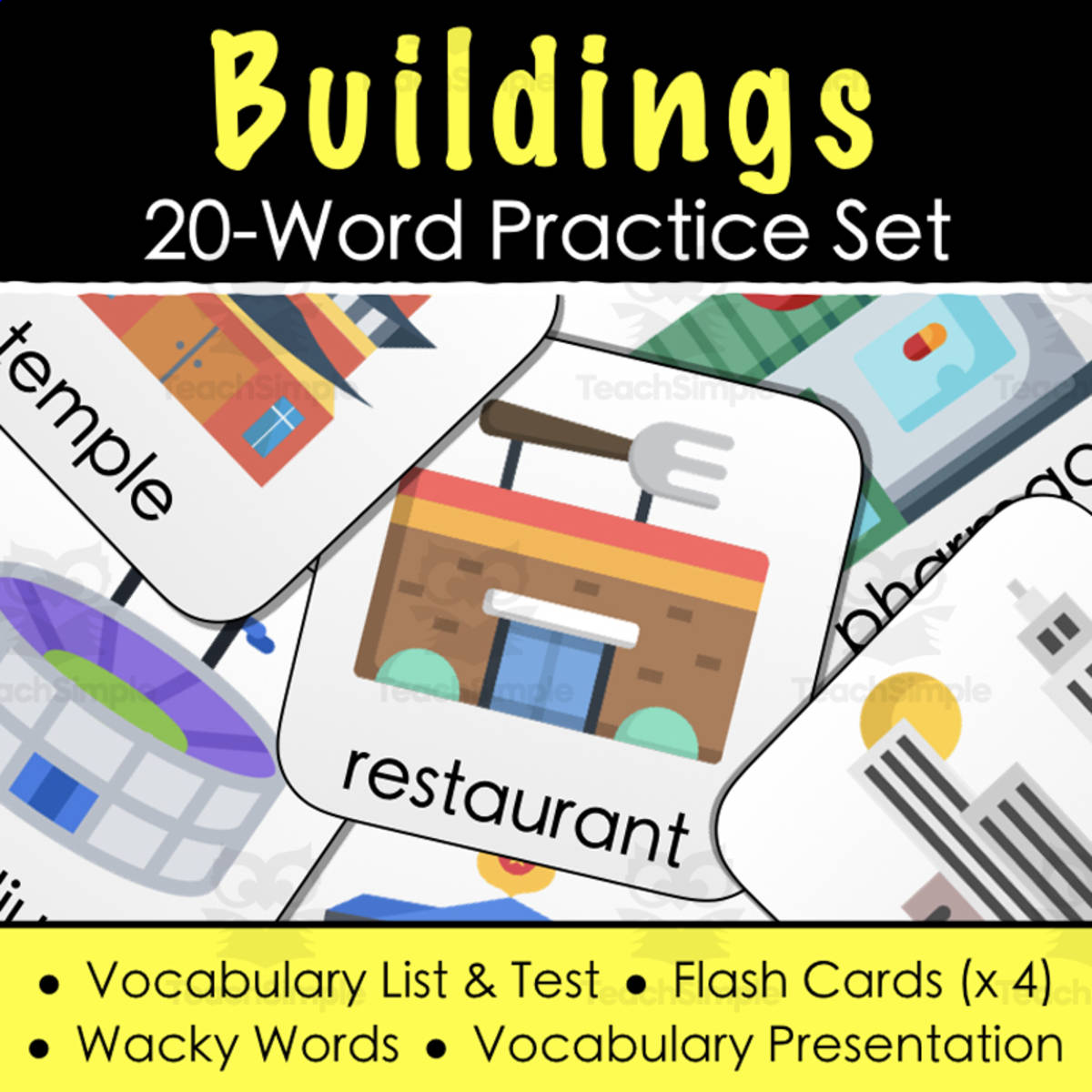 An educational teaching resource from Tom's Talk entitled Buildings Vocabulary - Digital Activities, Word List & Quiz + 4 Flashcard Sets downloadable at Teach Simple.