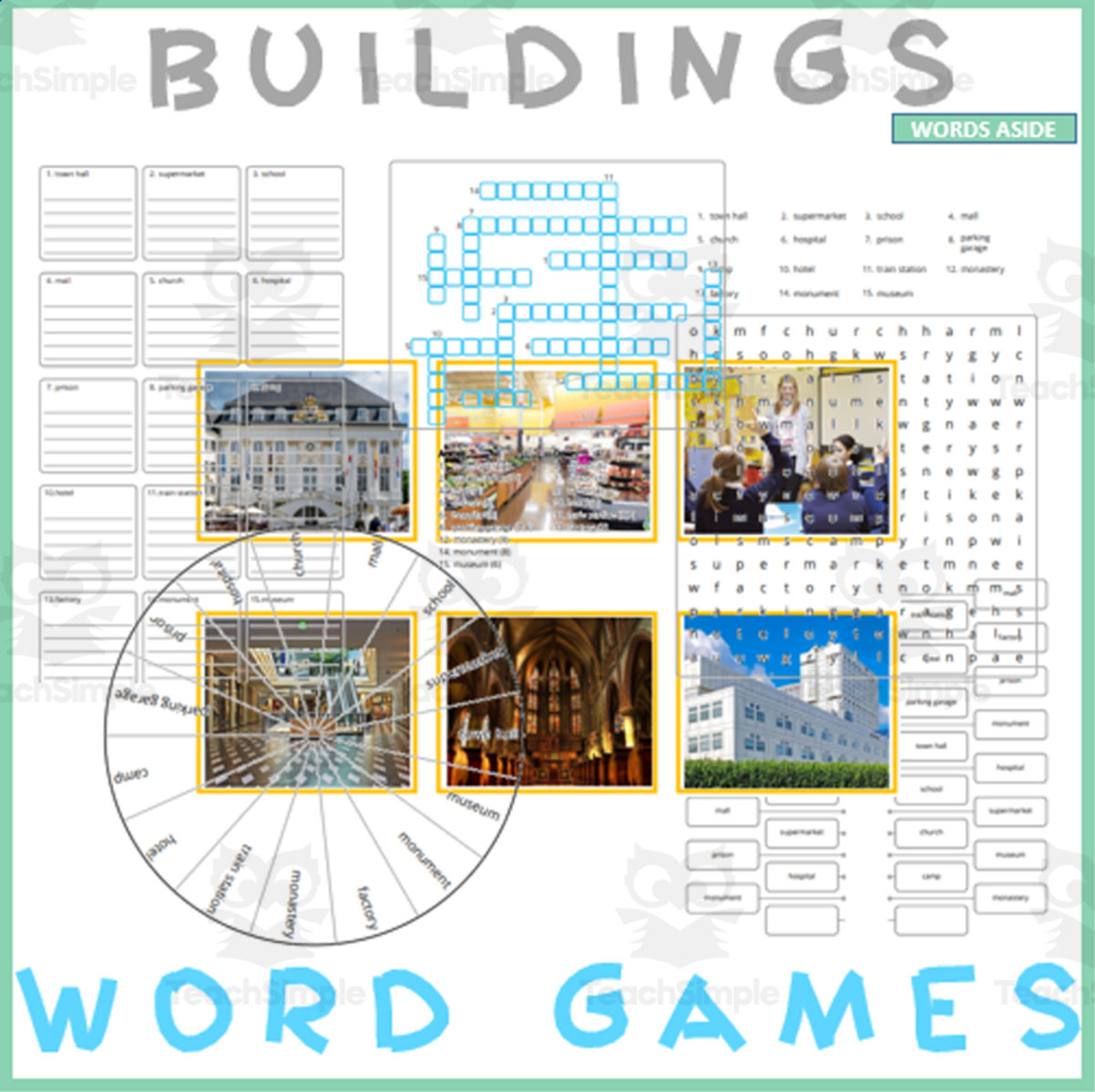 An educational teaching resource from WORDS ASIDE entitled BUILDINGS: Word Games with Puzzles | Crossword Wordsearch Anagram downloadable at Teach Simple.