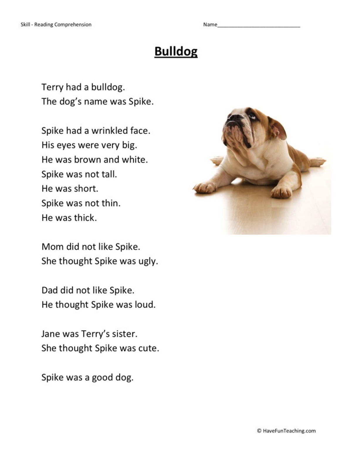 An educational teaching resource from Have Fun Teaching entitled Bulldog Reading Comprehension Worksheet downloadable at Teach Simple.
