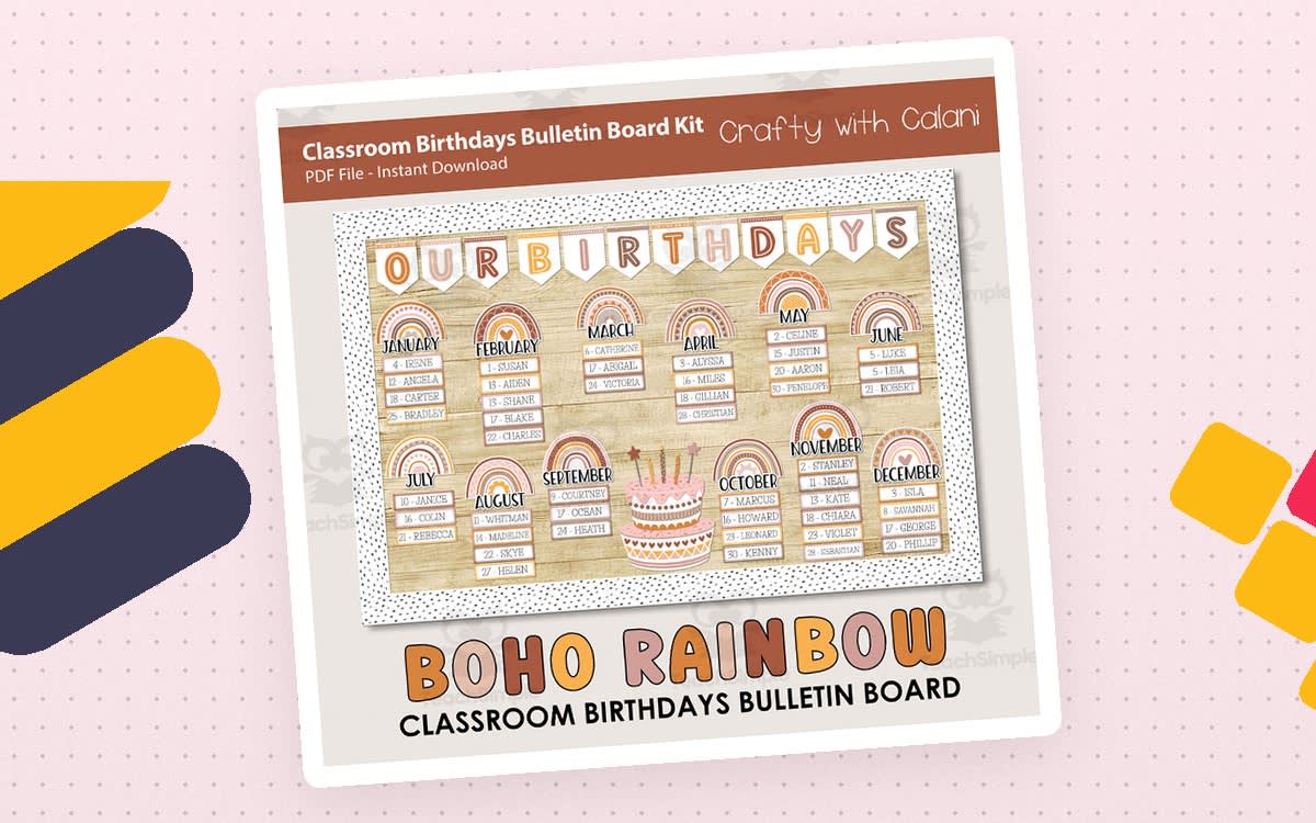 An educational teaching resource from Crafty with Calani entitled Bulletin Board: Classroom Birthday Boho Rainbow Theme downloadable at Teach Simple.