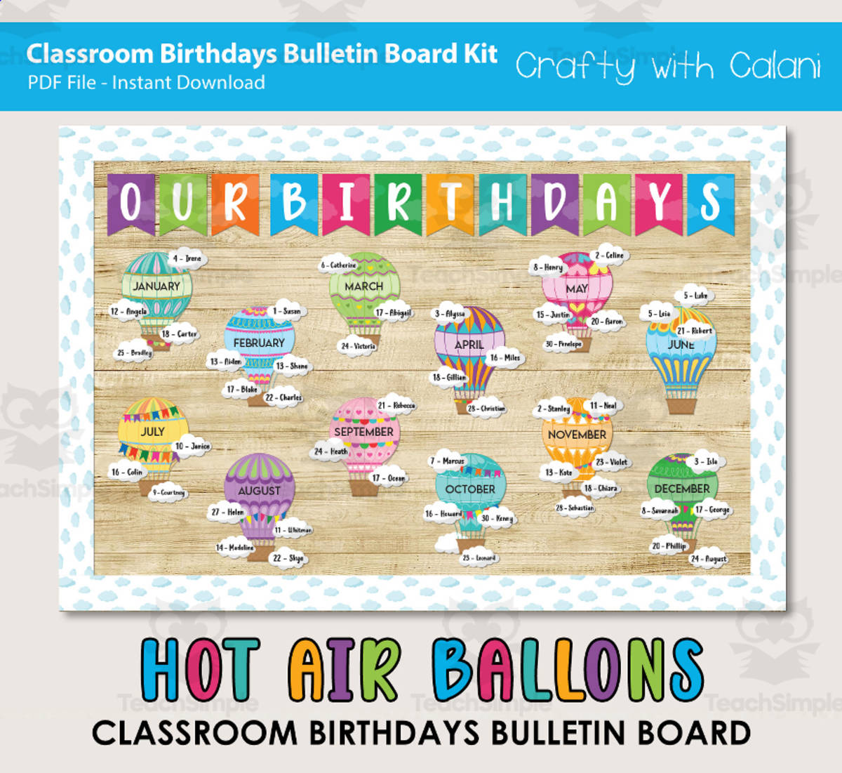 An educational teaching resource from Crafty with Calani entitled Bulletin Board: Classroom Birthday Hot Air Balloon Theme downloadable at Teach Simple.