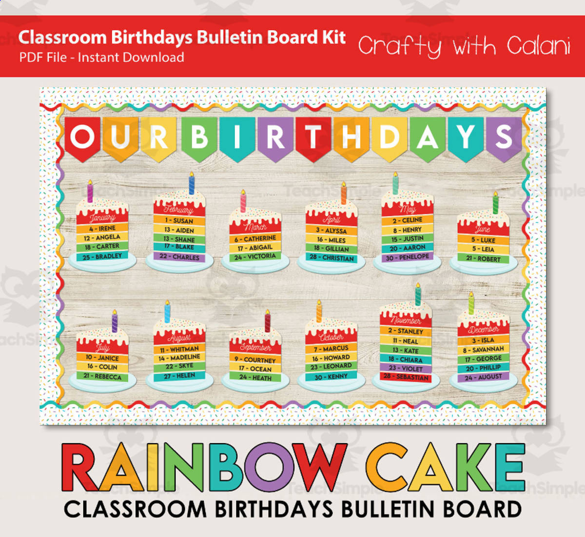 An educational teaching resource from Crafty with Calani entitled Bulletin Board: Classroom Birthday In Cute Rainbow Cake Theme downloadable at Teach Simple.