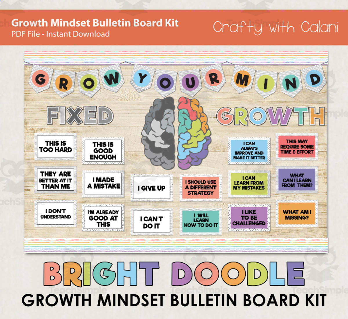 An educational teaching resource from Crafty with Calani entitled Bulletin Board : Growth Mindset In Bright Doodle Design downloadable at Teach Simple.