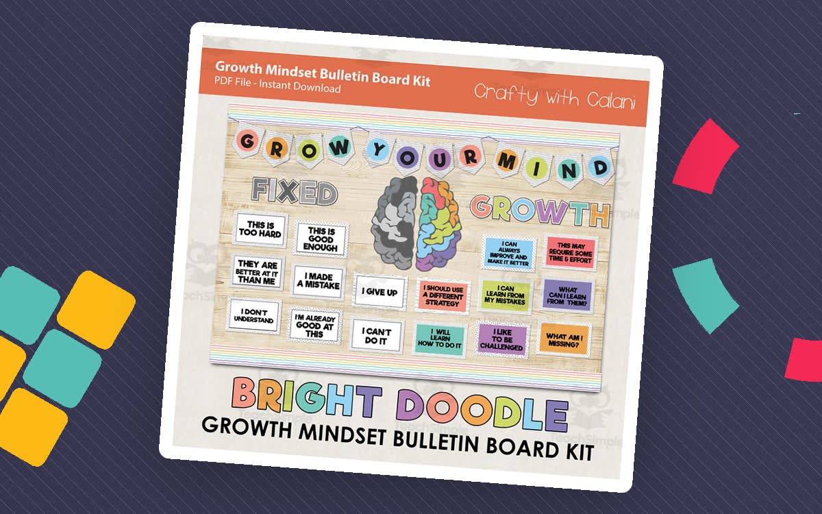 An educational teaching resource from Crafty with Calani entitled Bulletin Board : Growth Mindset In Bright Doodle Design downloadable at Teach Simple.