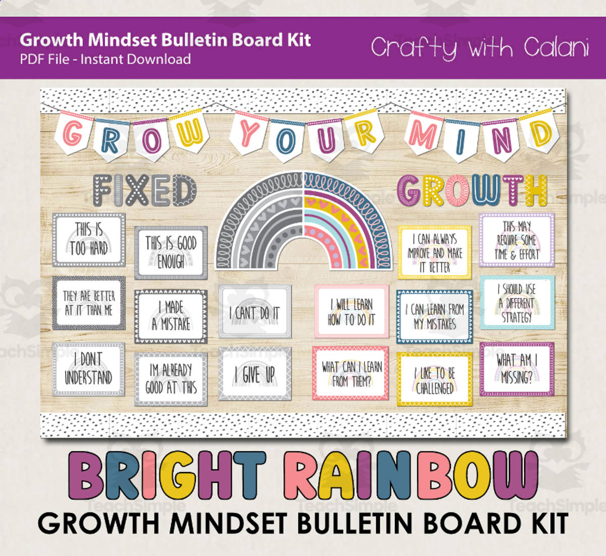 An educational teaching resource from Crafty with Calani entitled Bulletin Board : Growth Mindset In Bright Rainbow Design downloadable at Teach Simple.