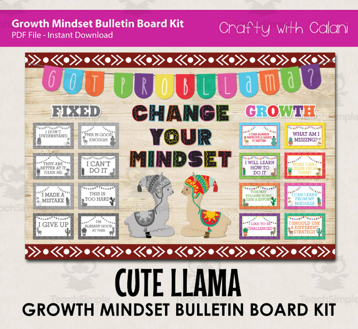 An educational teaching resource from Crafty with Calani entitled Bulletin Board : Growth Mindset In Cute Llama Design downloadable at Teach Simple.