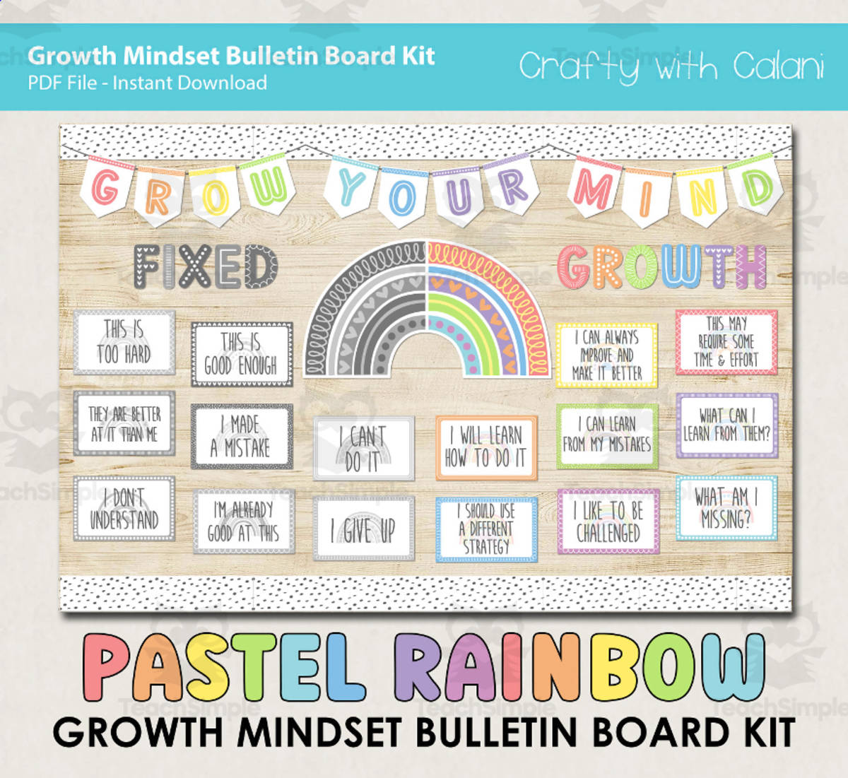 An educational teaching resource from Crafty with Calani entitled Bulletin Board : Growth Mindset In Pastel Rainbow Design downloadable at Teach Simple.