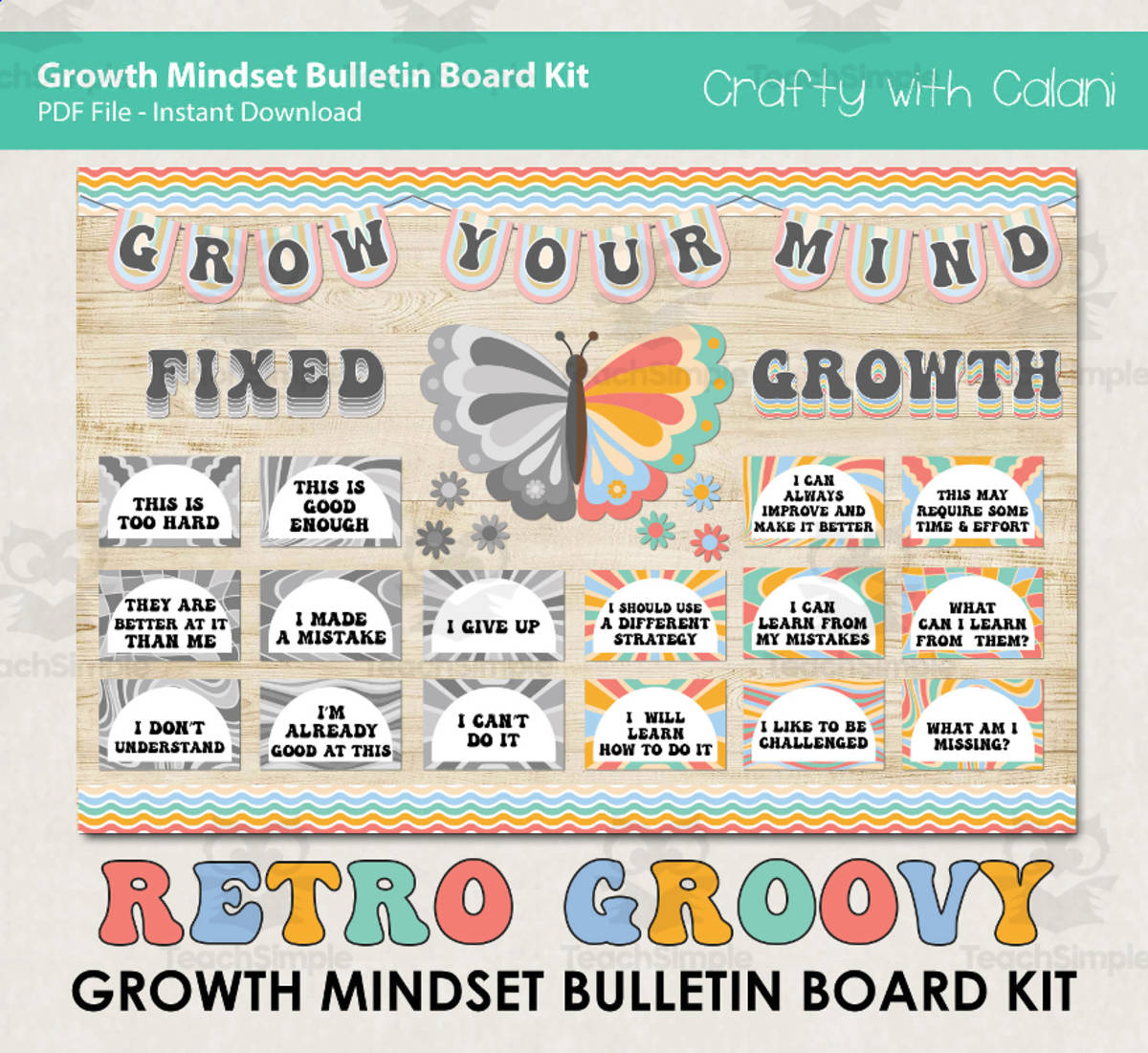 An educational teaching resource from Crafty with Calani entitled Bulletin Board : Growth Mindset In Retro Groovy Design downloadable at Teach Simple.