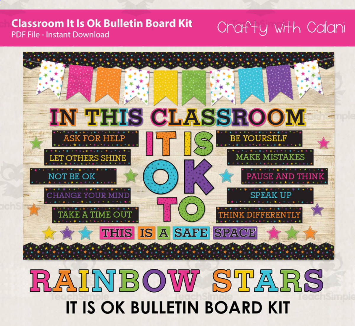 An educational teaching resource from Crafty with Calani entitled Bulletin Board: It Is OK To Class Display Black Rainbow Stars Design downloadable at Teach Simple.