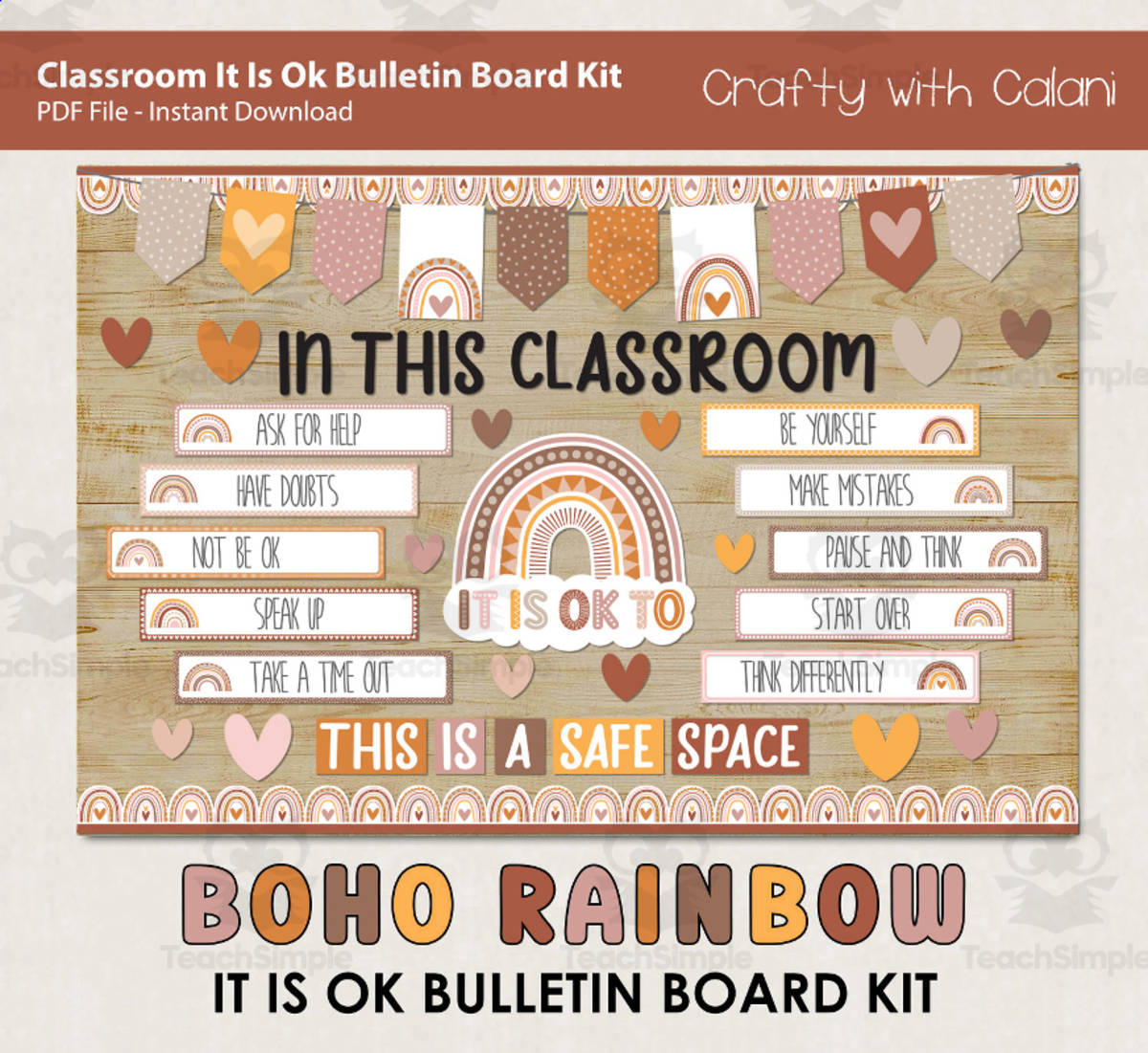 An educational teaching resource from Crafty with Calani entitled Bulletin Board: It Is OK To Classroom Display in Boho Rainbow Design downloadable at Teach Simple.