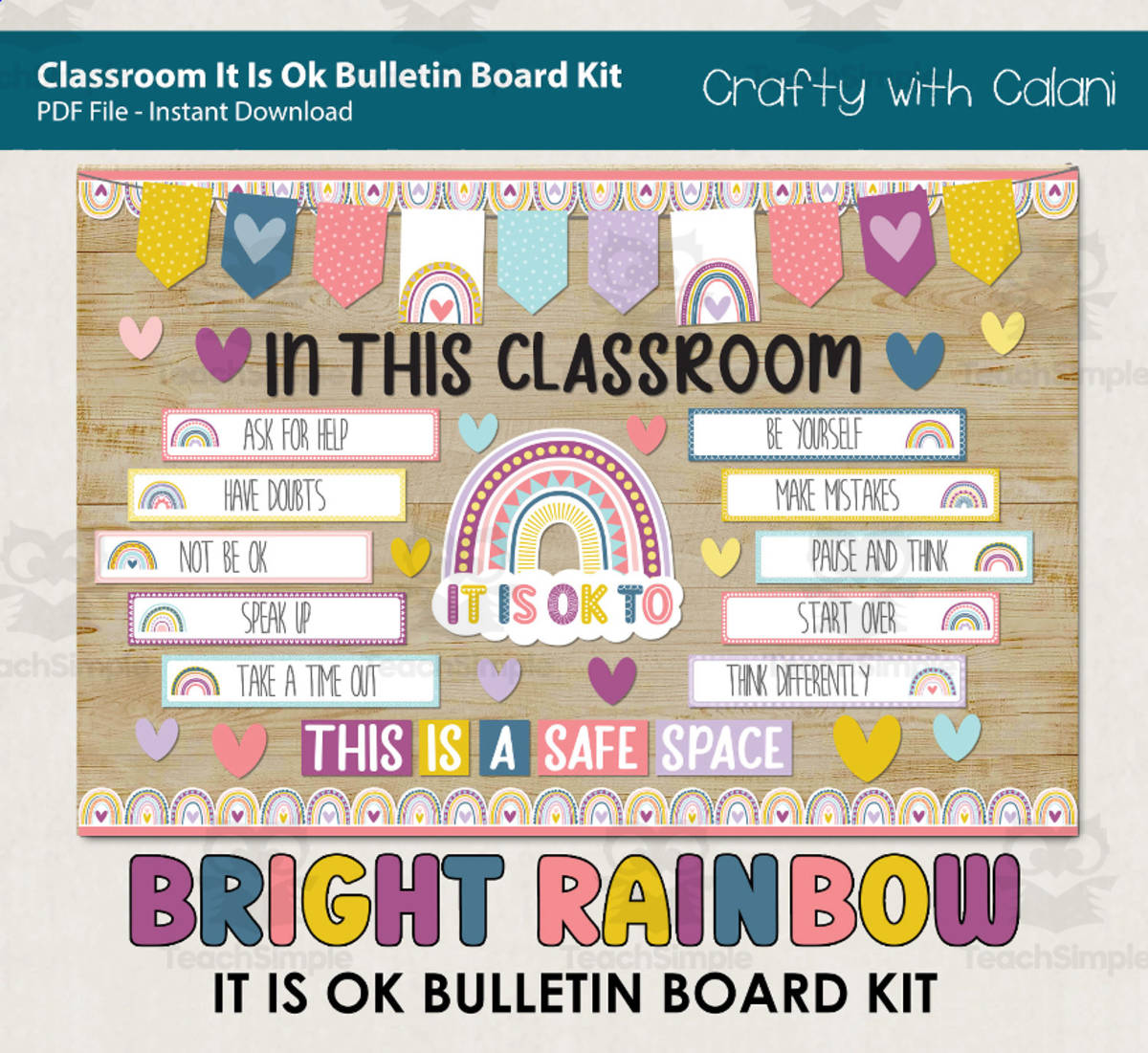 An educational teaching resource from Crafty with Calani entitled Bulletin Board: It Is OK To Classroom Display in Bright Rainbow Design downloadable at Teach Simple.