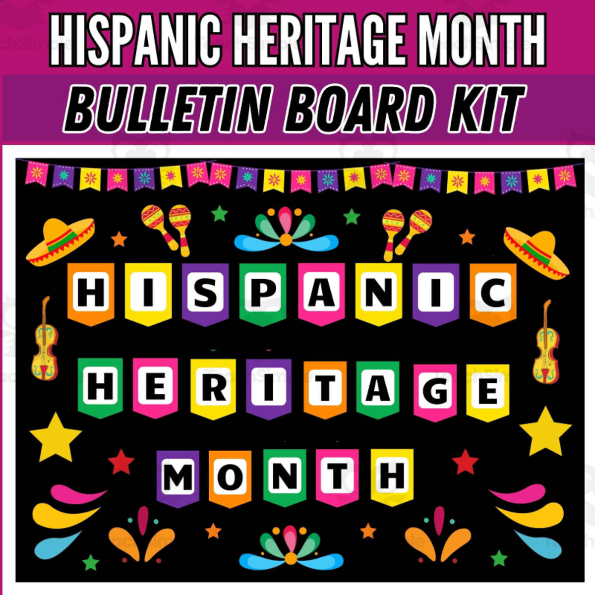 An educational teaching resource from Wonderland School entitled Bulletin Board Kit.: Hispanic Heritage Month Classroom Decoration downloadable at Teach Simple.