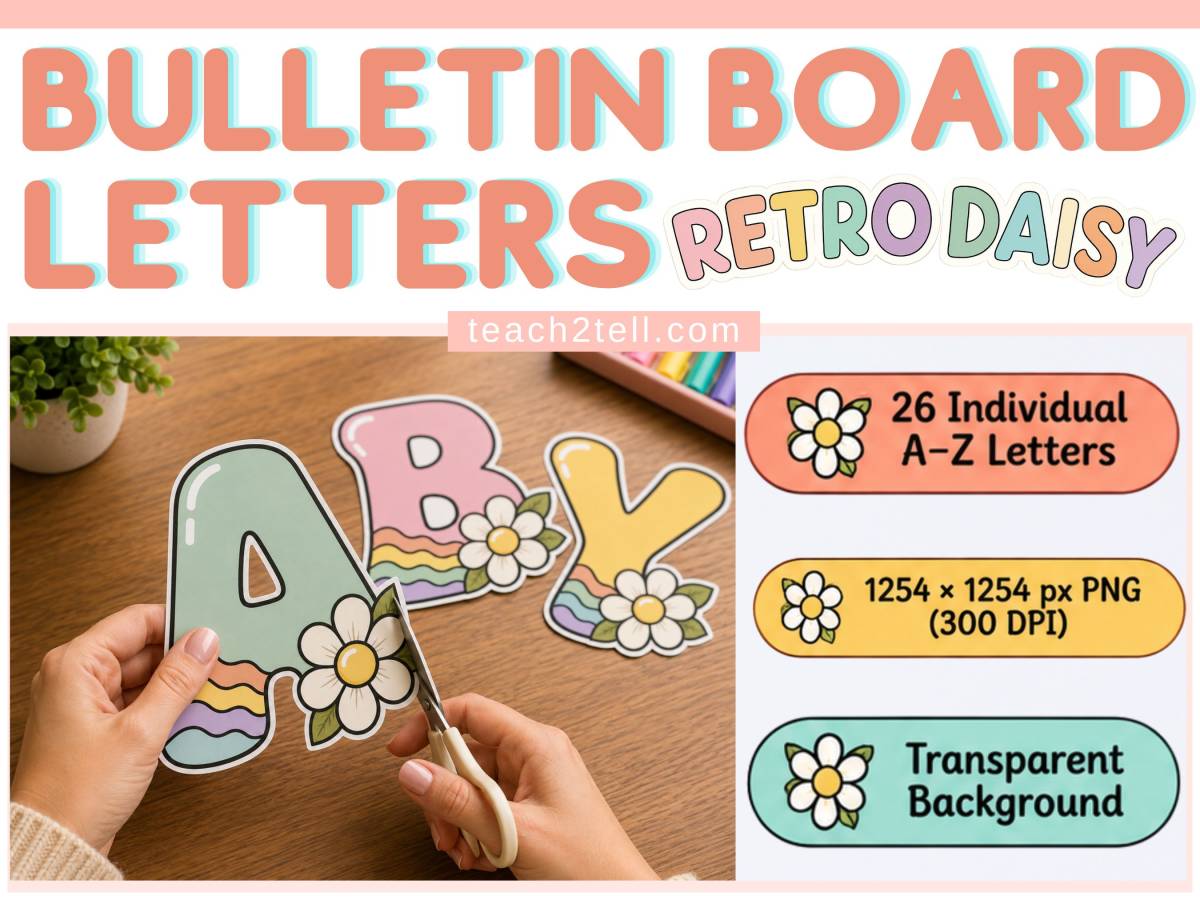 An educational teaching resource from Teach2Tell entitled Bulletin Board Letters A-Z Alphabet PNG Printable Letters Class Decor downloadable at Teach Simple.