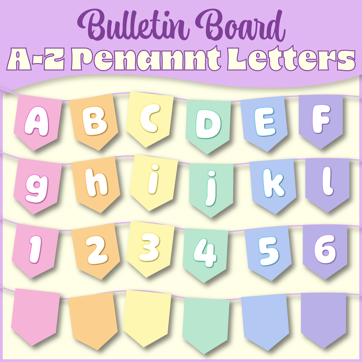 An educational teaching resource from Saintly Scribbles entitled Bulletin Board Pastel A–Z Pennant Letters | Alphabet, Numbers, Symbols downloadable at Teach Simple.