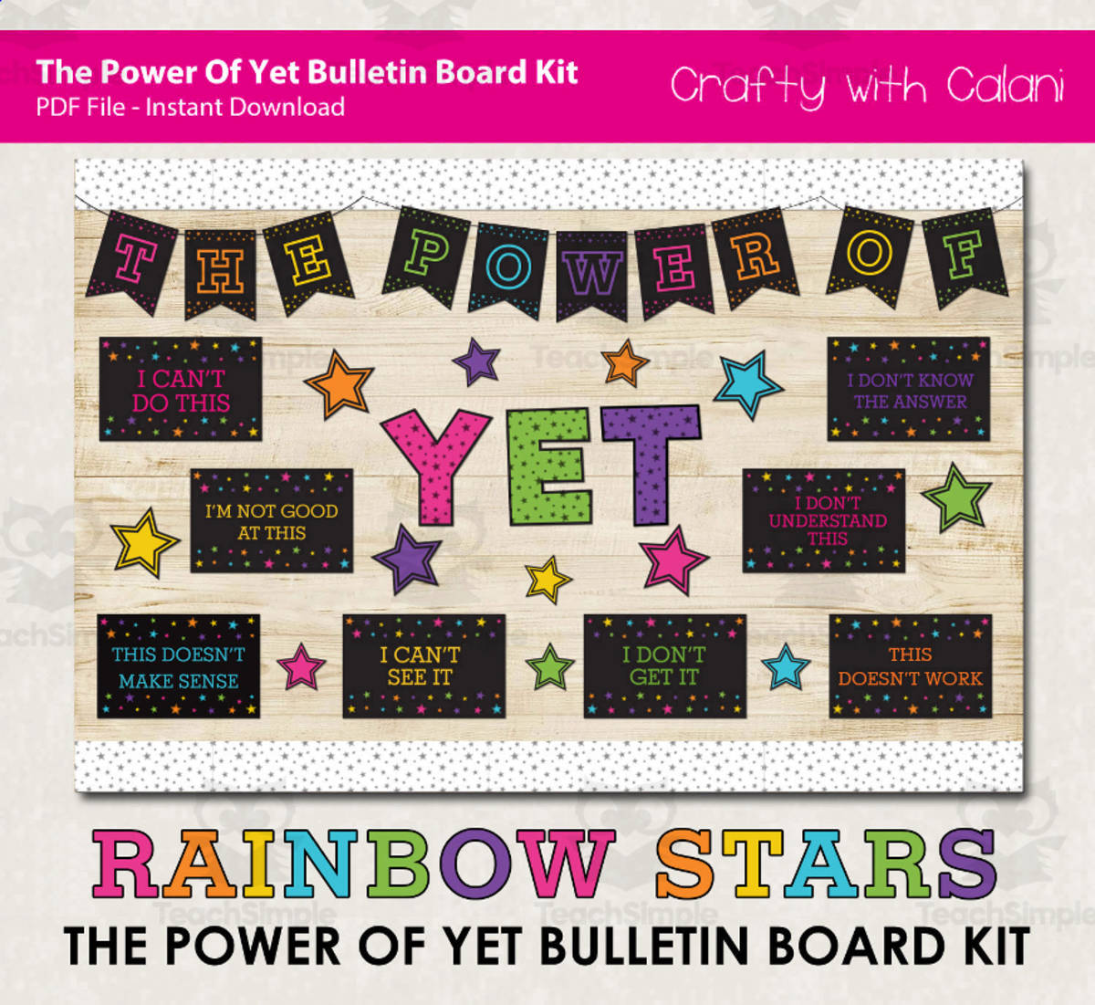 An educational teaching resource from Crafty with Calani entitled Bulletin Board: The Power Of Yet in Black Rainbow Stars Design downloadable at Teach Simple.