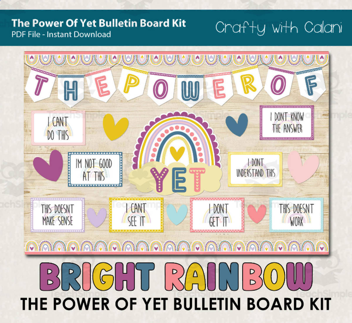 An educational teaching resource from Crafty with Calani entitled Bulletin Board: The Power Of Yet in Bright Rainbow Design downloadable at Teach Simple.