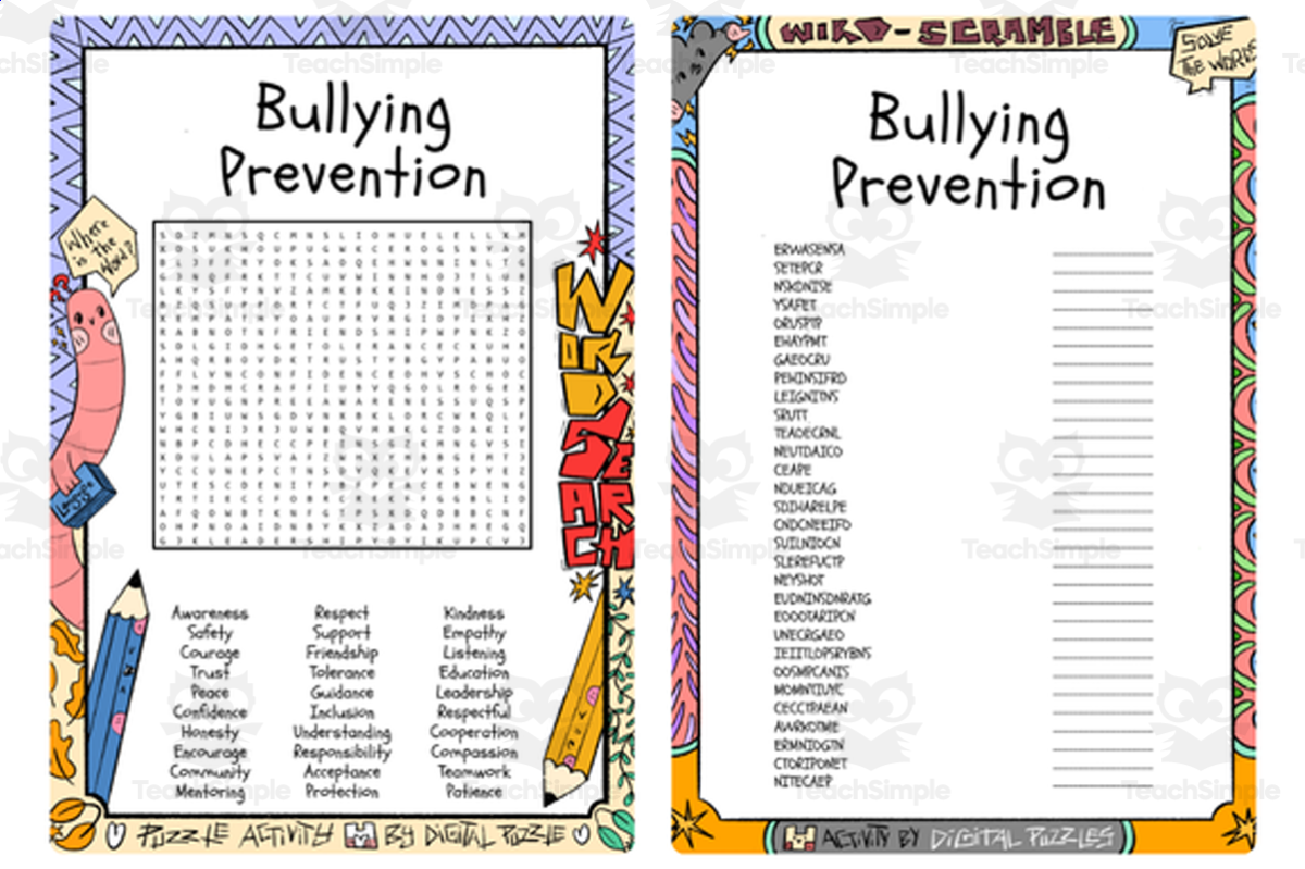 An educational teaching resource from Lapiiin Art Activities entitled Bullying Prevention word search and word scramble downloadable at Teach Simple.
