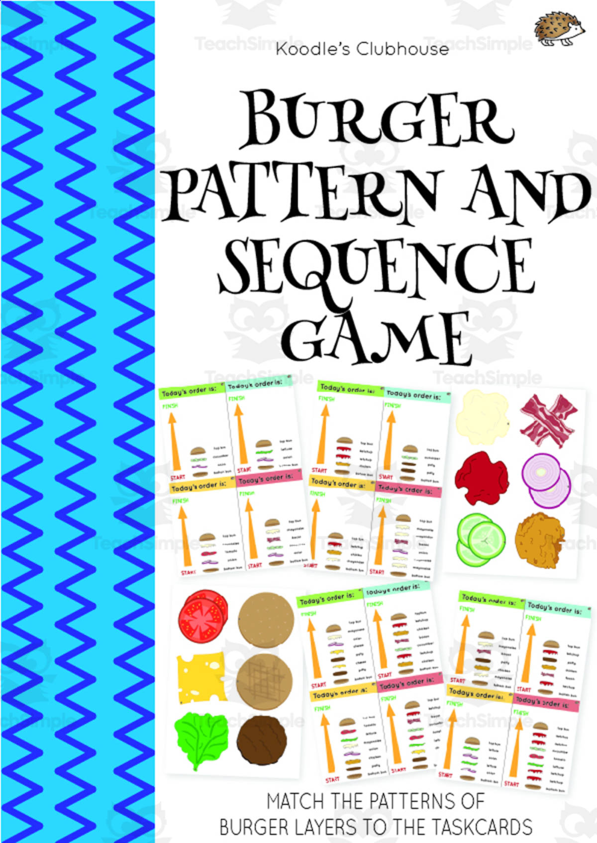An educational teaching resource from Koodles Clubhouse entitled Burger Pattern and Sequence Game downloadable at Teach Simple.