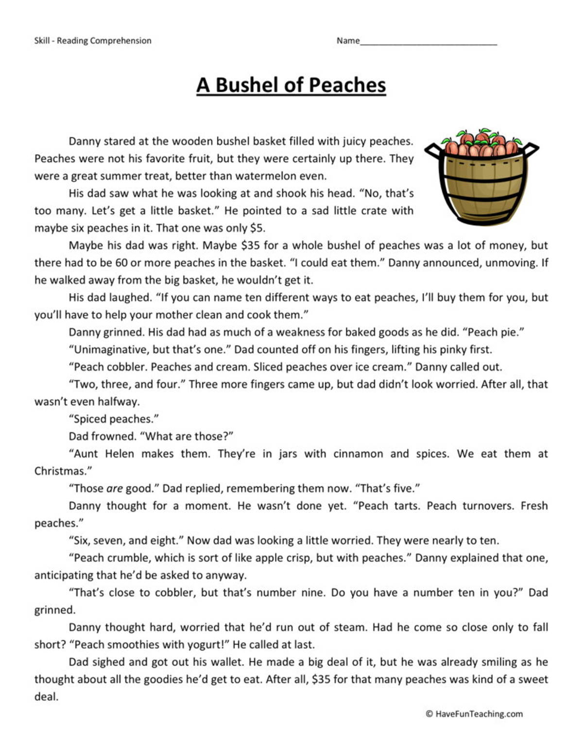 An educational teaching resource from Have Fun Teaching entitled Bushel of Peaches Reading Comprehension Worksheet downloadable at Teach Simple.