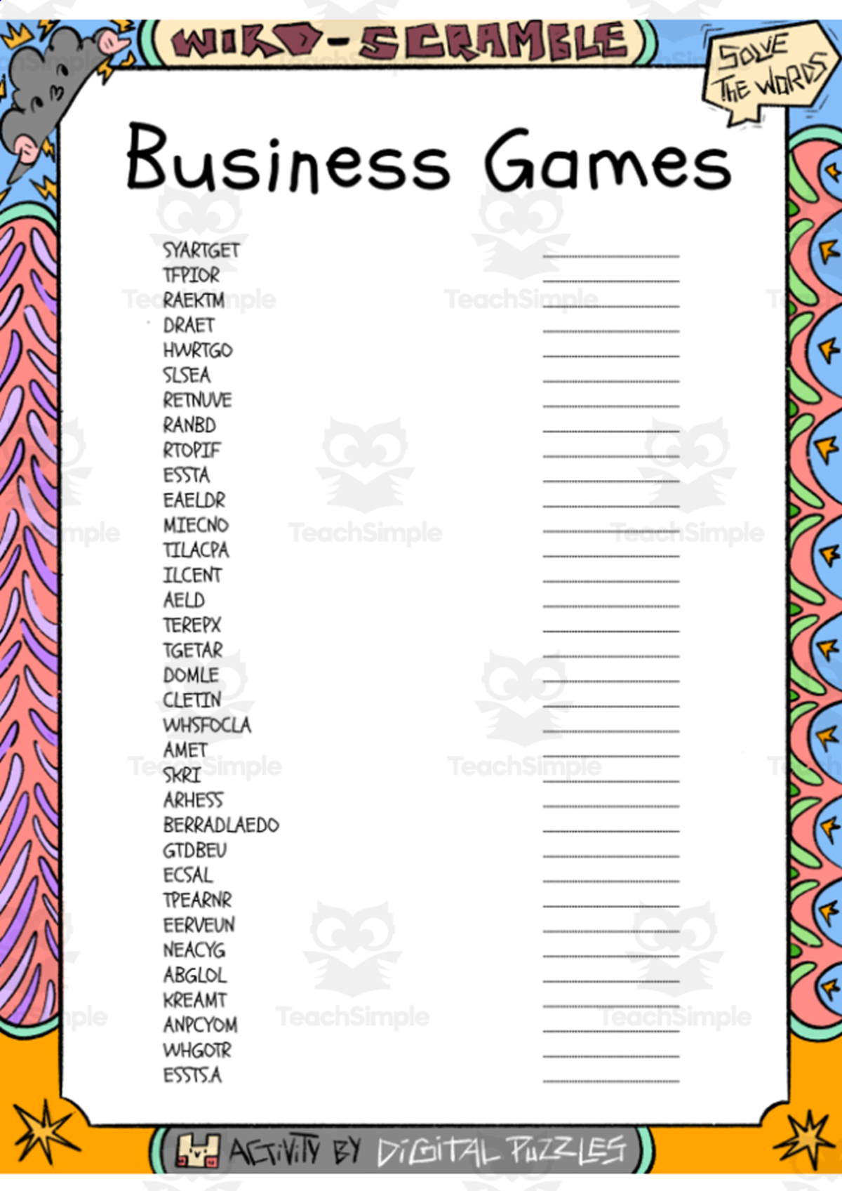 An educational teaching resource from Lapiiin Art Activities entitled Business Games word Scramble puzzle worksheet downloadable at Teach Simple.