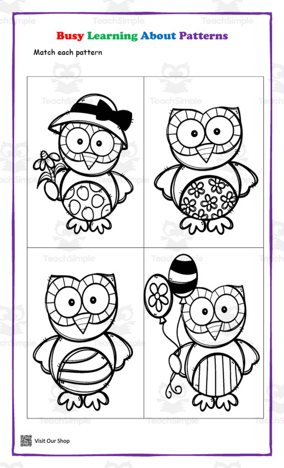 An educational teaching resource from KD's Kids School Shop entitled Busy Learning About Patterns Spring Activity downloadable at Teach Simple.