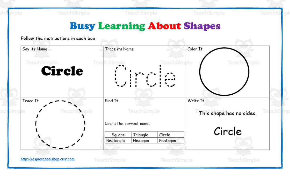 An educational teaching resource from KD's Kids School Shop entitled Busy Learning About Shapes Worksheets downloadable at Teach Simple.