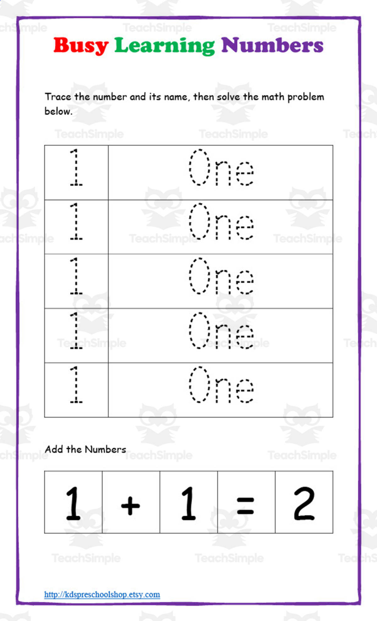 An educational teaching resource from KD's Kids School Shop entitled Busy Learning Numbers Worksheet Packet downloadable at Teach Simple.