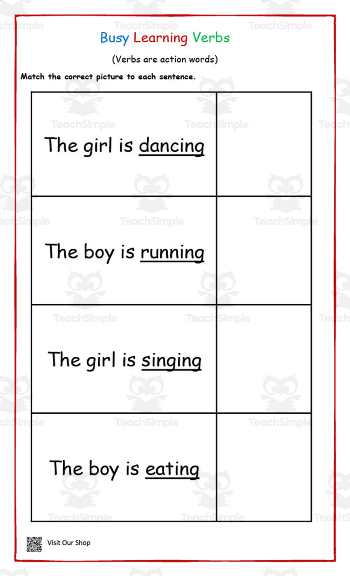 An educational teaching resource from KD's Kids School Shop entitled Busy Learning Verbs Worksheet downloadable at Teach Simple.