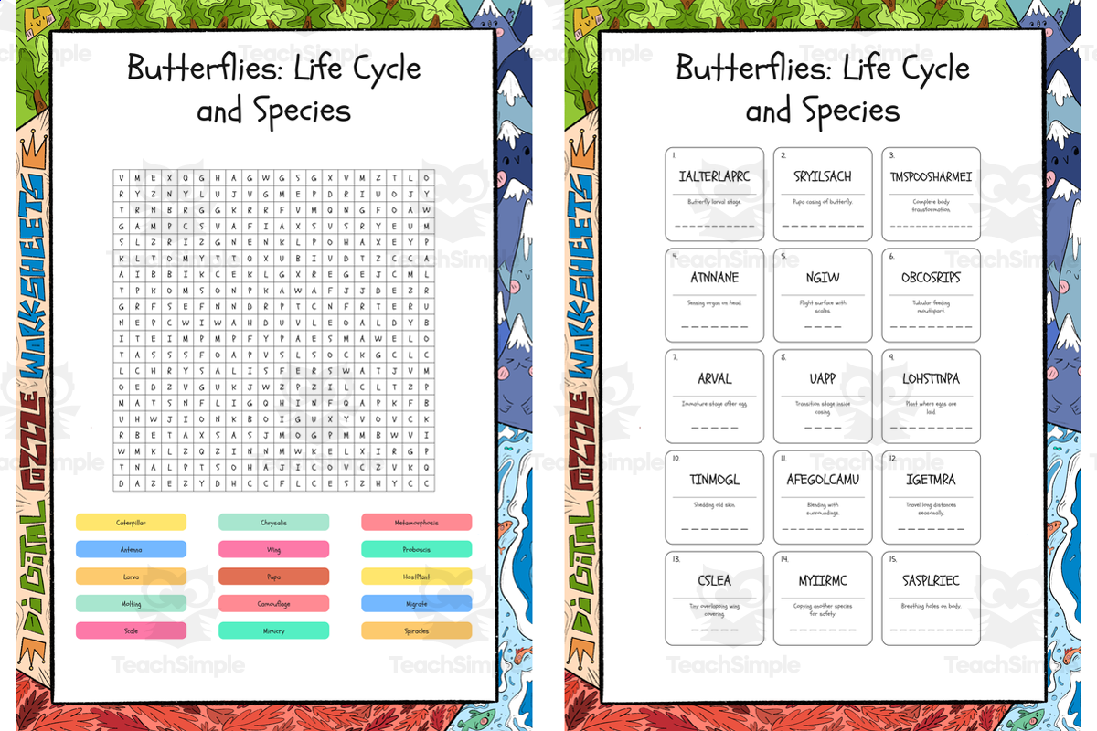 An educational teaching resource from Lapiiin Art Activities entitled Butterflies Life Cycle and Species word search, scramble and crossword downloadable at Teach Simple.