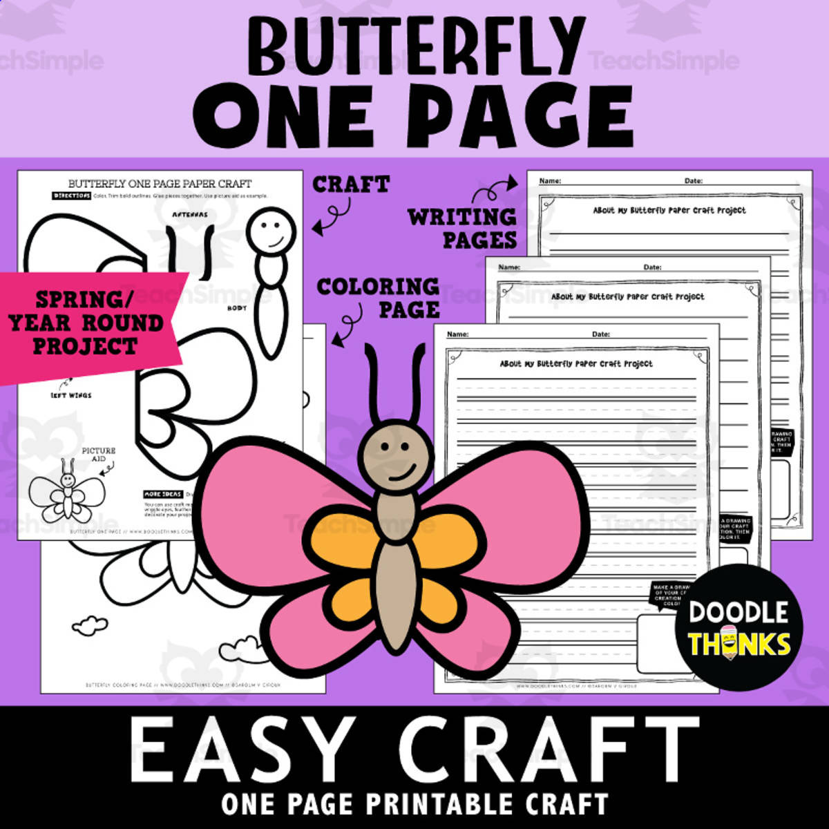 An educational teaching resource from Doodle Thinks entitled Butterfly Craft | Easy One-Page Art Project for Spring or Bug Theme downloadable at Teach Simple.
