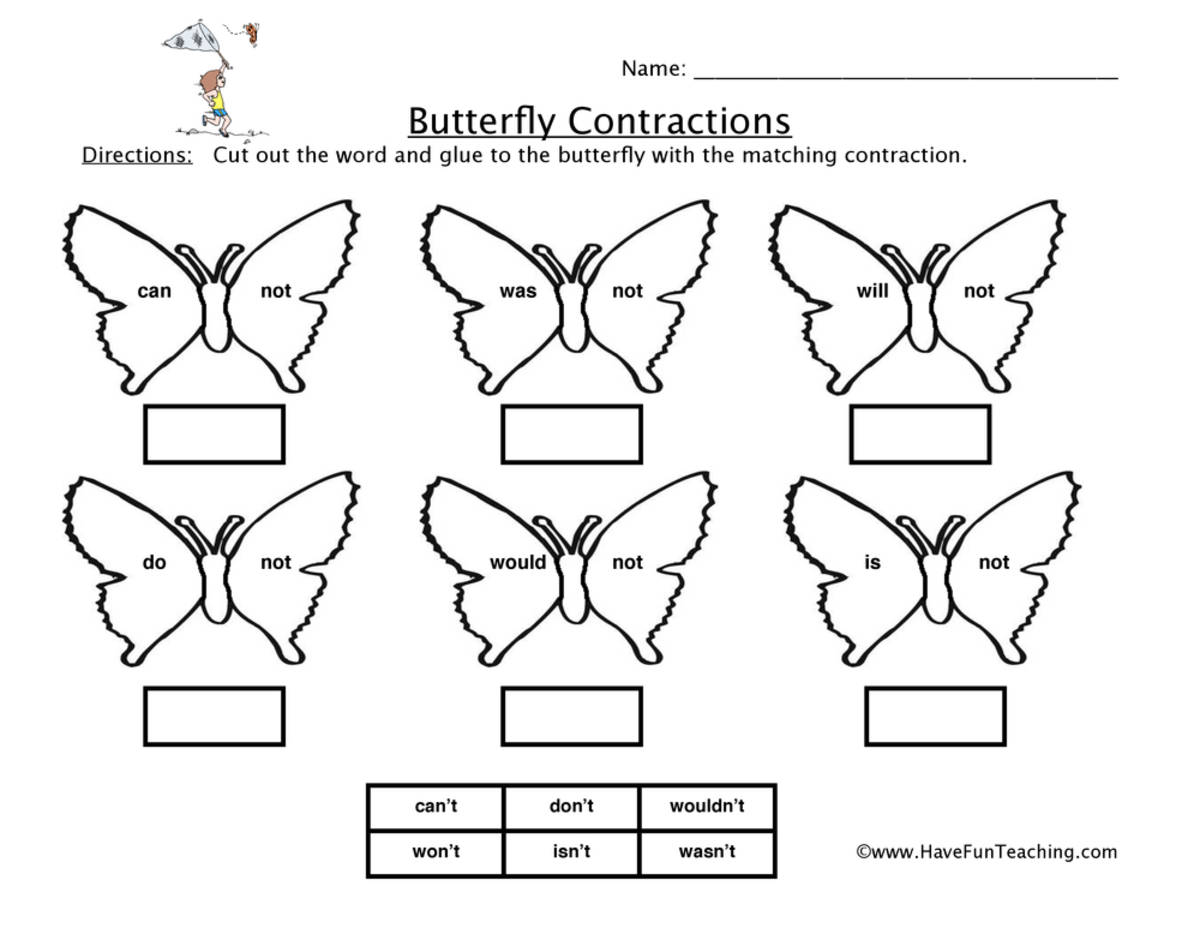 An educational teaching resource from Have Fun Teaching entitled Butterfly Not Contractions Worksheet downloadable at Teach Simple.