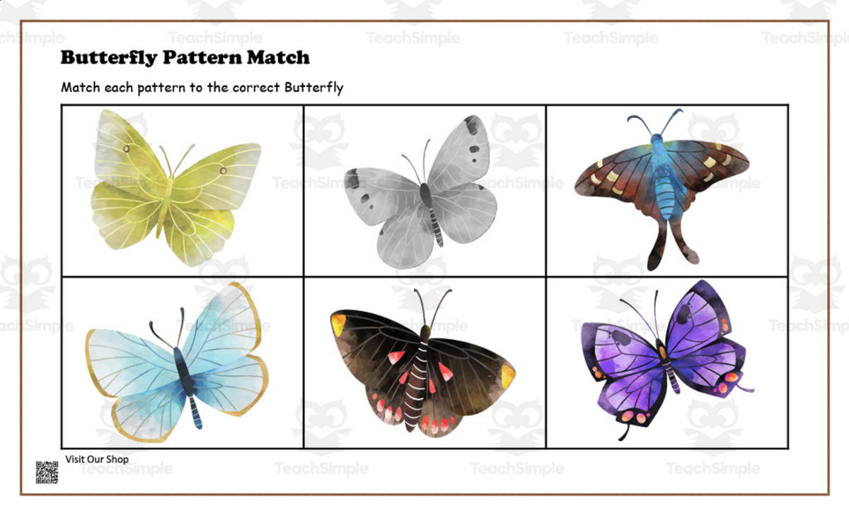 An educational teaching resource from KD's Kids School Shop entitled Butterfly Pattern Match Activity #2 downloadable at Teach Simple.