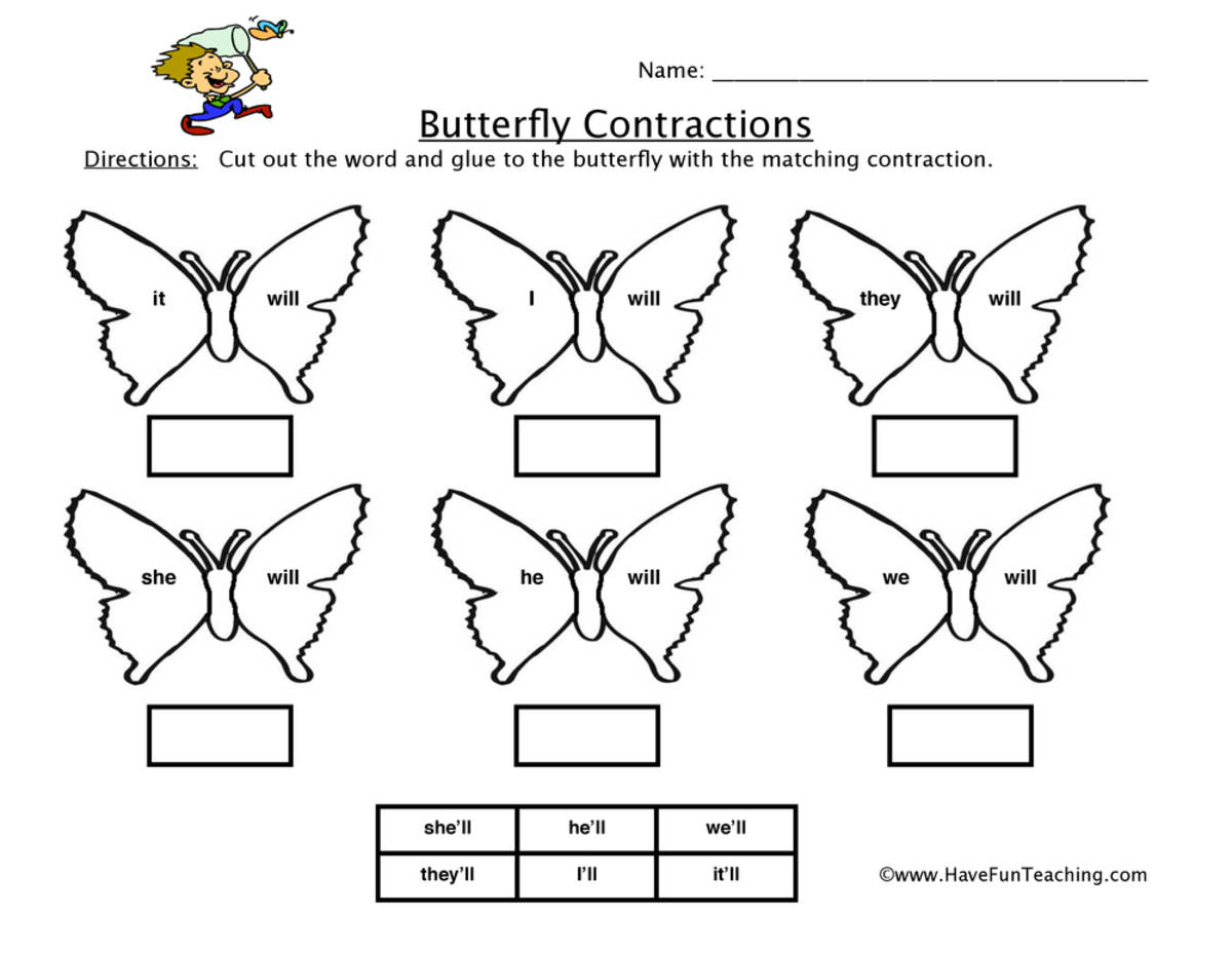 An educational teaching resource from Have Fun Teaching entitled Butterfly Will Contractions Worksheet downloadable at Teach Simple.