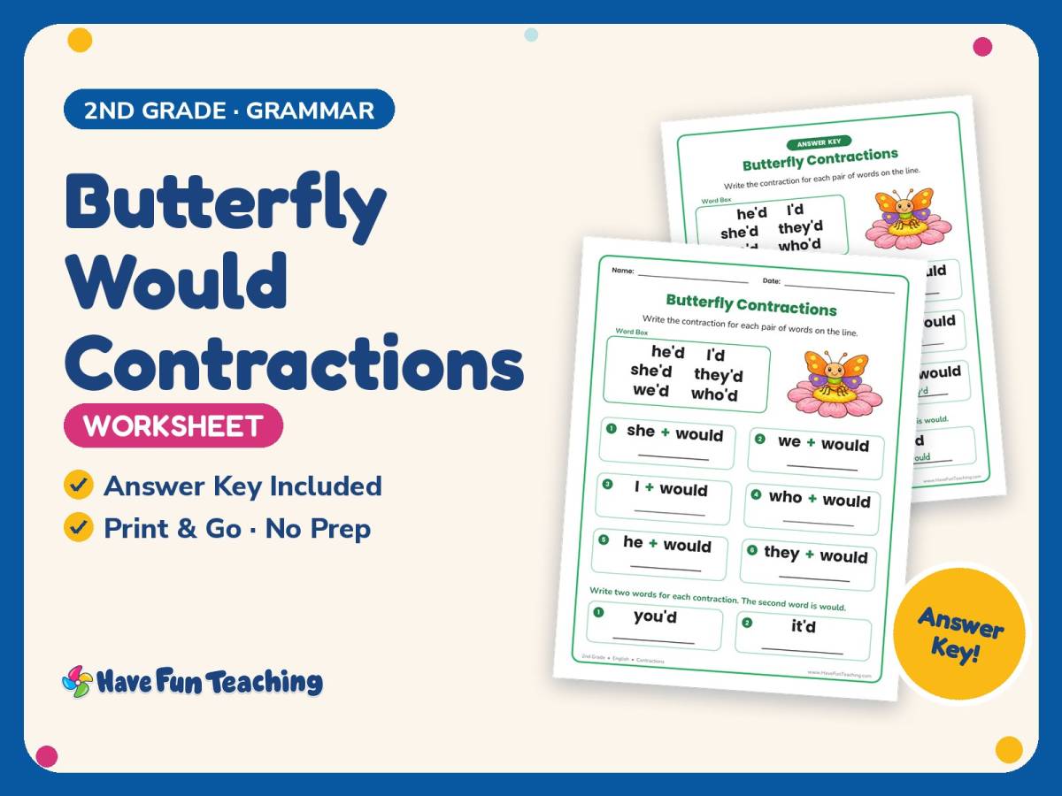 Butterfly Would Contractions Worksheet – 2nd Grade Grammar Practice preview