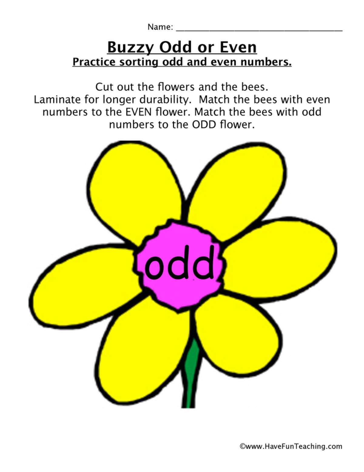 An educational teaching resource from Have Fun Teaching entitled Buzzy Odd or Even Activity downloadable at Teach Simple.