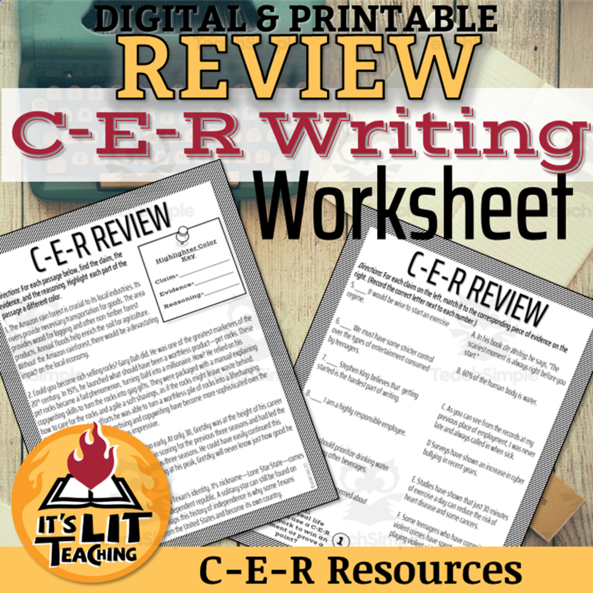 An educational teaching resource from It's Lit Teaching entitled C-E-R Writing Review Worksheet (Claim, Evidence, Reasoning) downloadable at Teach Simple.
